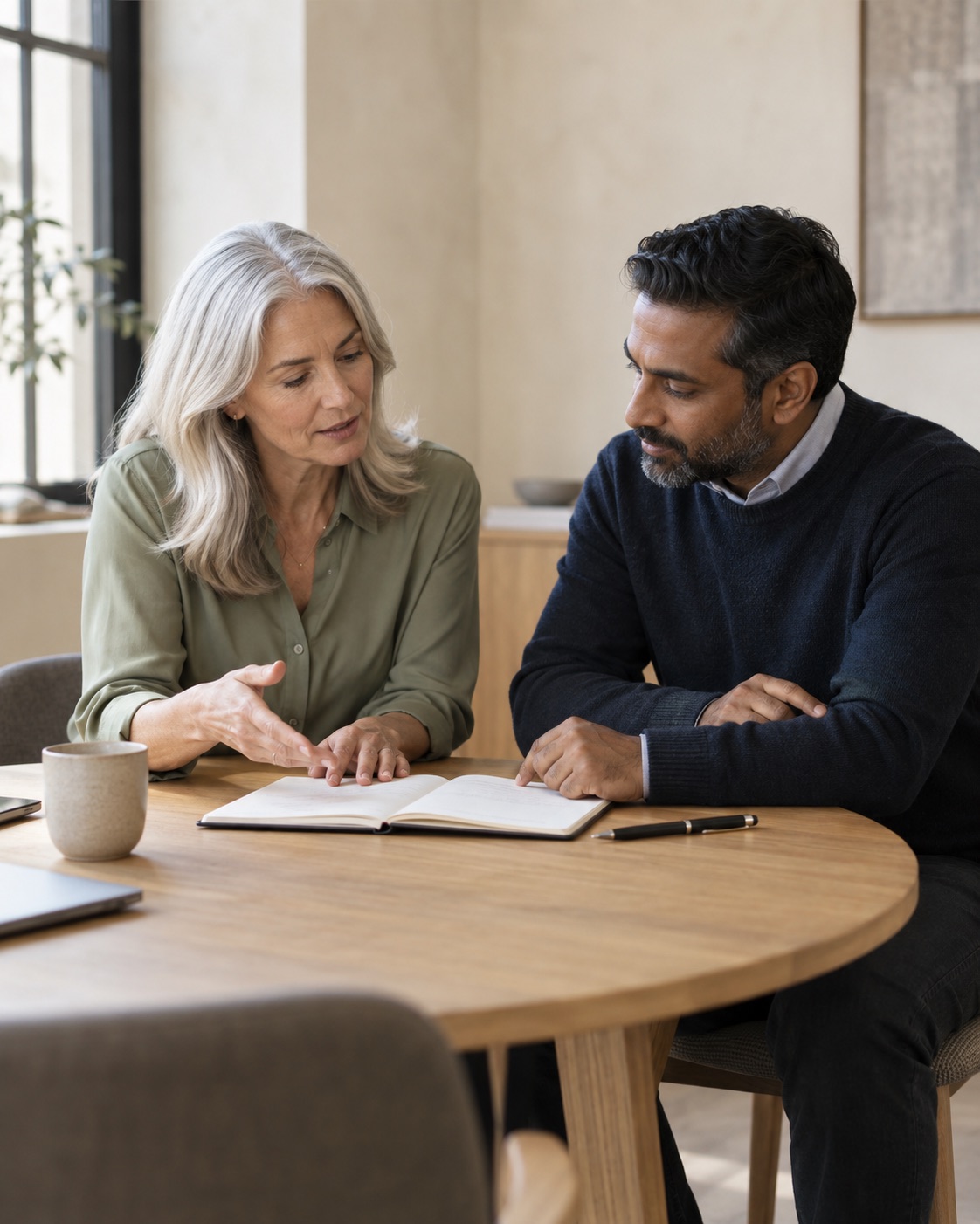 Two colleagues reviewing compensation plans together.
