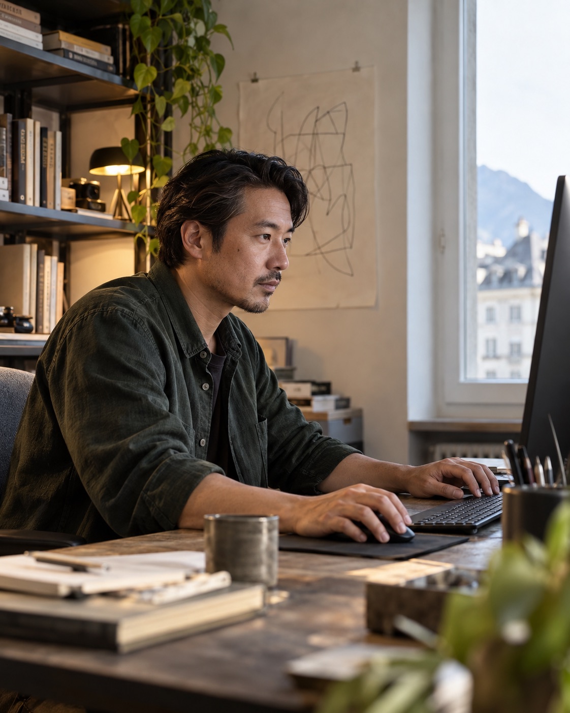 A creative business owner concentrating at his computer in a studio.