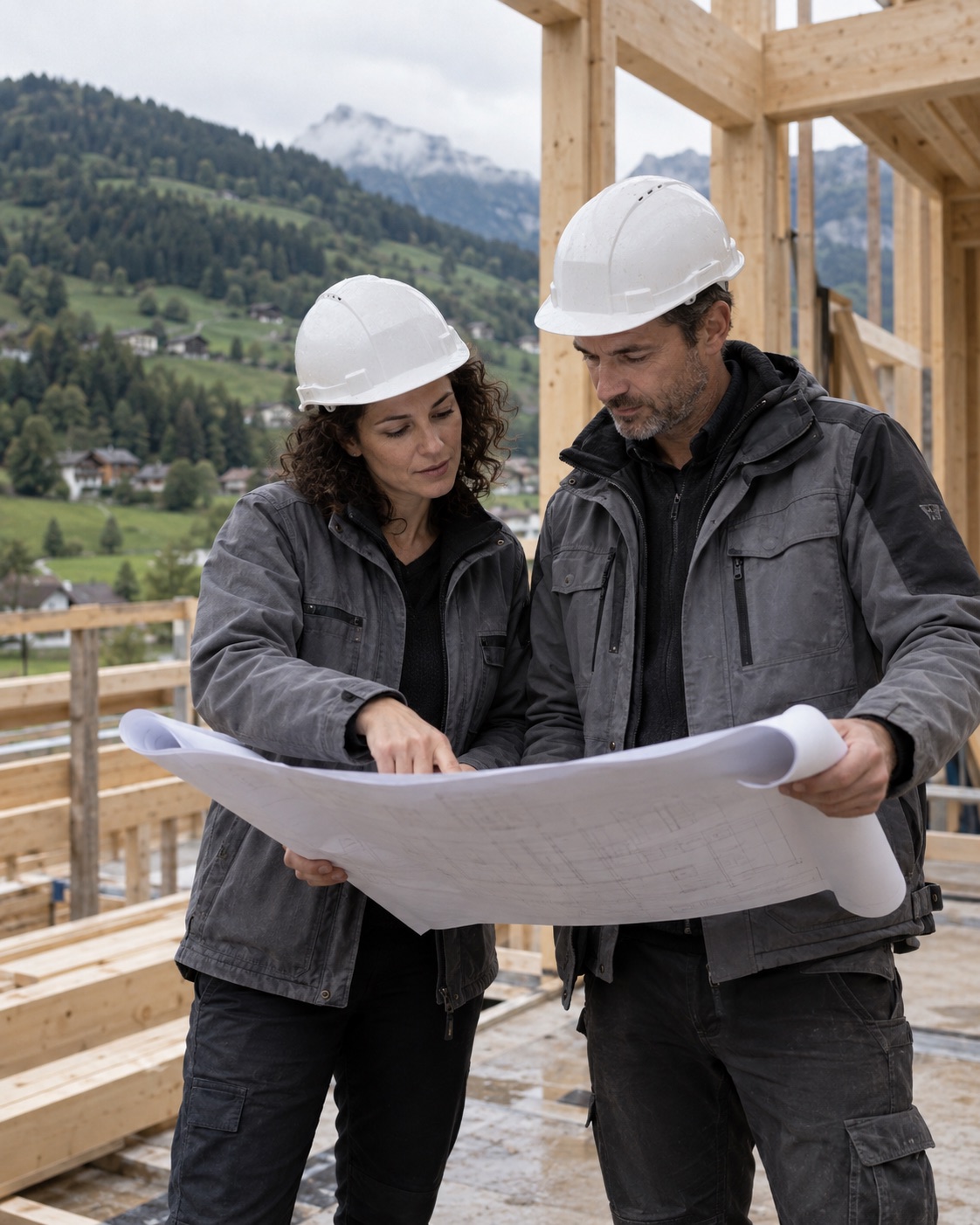 An architect and construction lead reviewing plans at a timber building site.