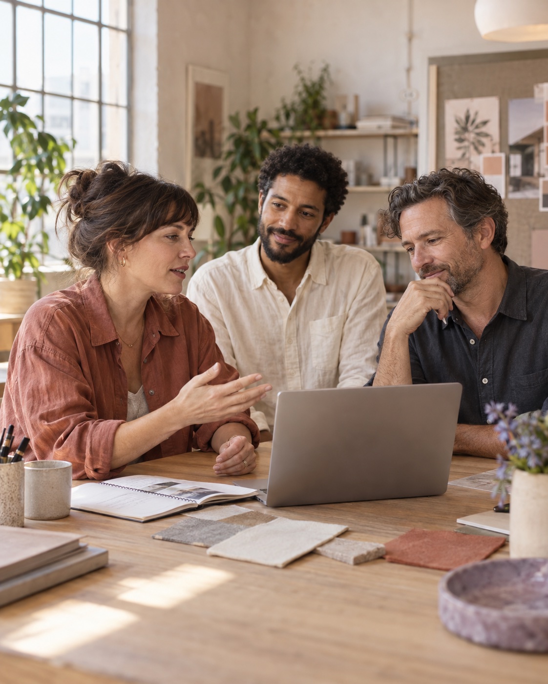Three colleagues discussing a client project around a laptop in a sunlit studio.