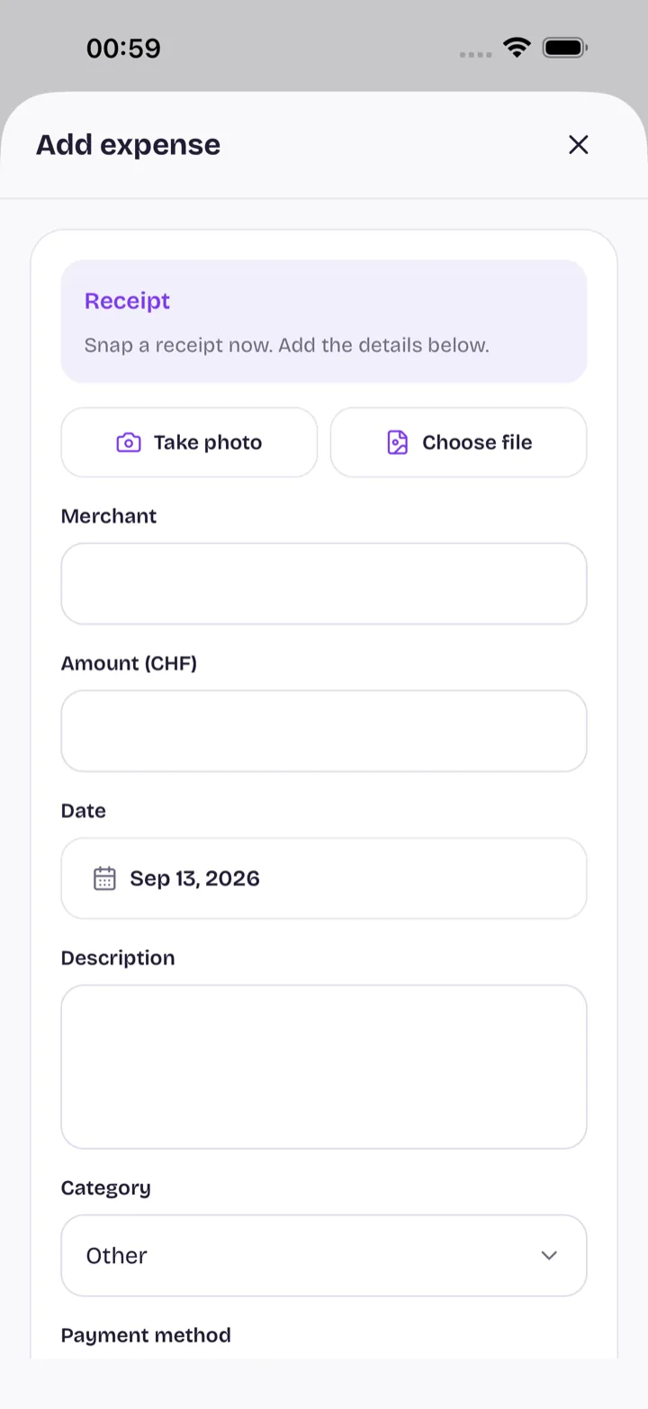 The add-expense form in Flipp on iPhone, with buttons to take a photo or choose a file.
